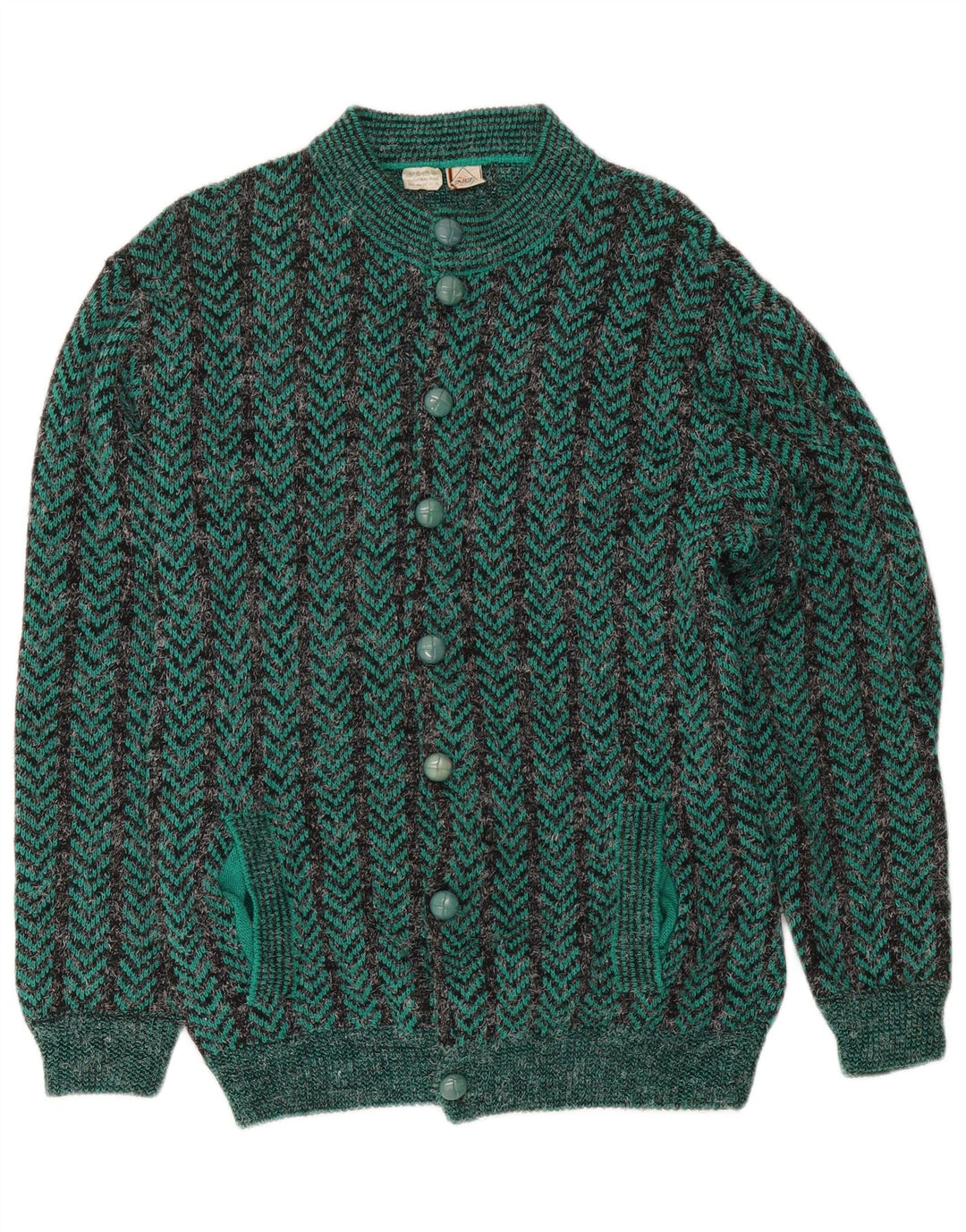 Vintage Herre Regular Fit Cardigan Sweater Medium Grøn Chevron Akryl