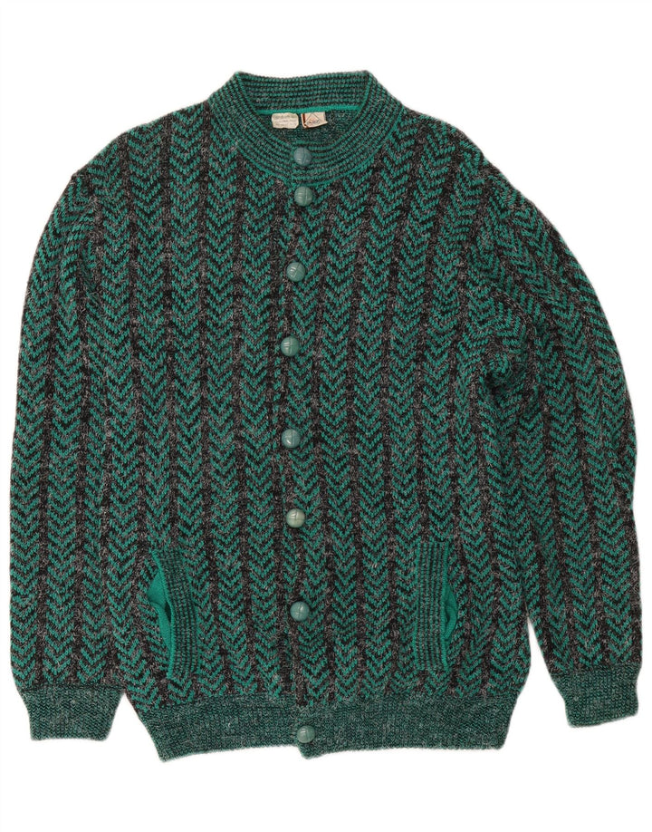 Vintage Herre Regular Fit Cardigan Sweater Medium Grøn Chevron Akryl
