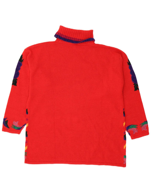 Vintage Dame Roll Neck Jumper Sweater UK 18 XL Rød Blomster Polyacryl