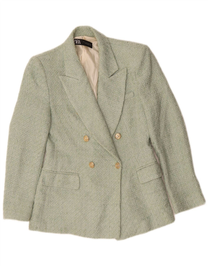 ZARA Dame Dobbeltradet Blazer Jacket UK 12 Medium Grøn Akryl