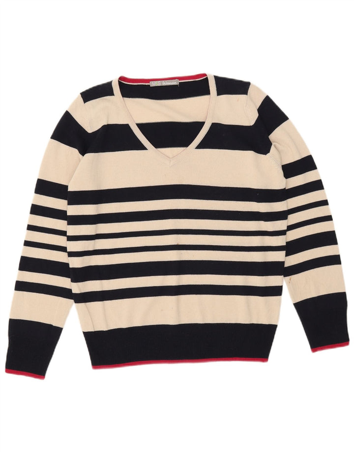 Marks & Spencer Dame V-hals sweater UK 12 Medium Off White Stribet