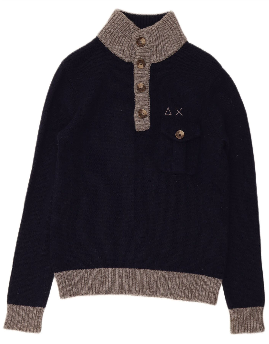 Sun68 Herre Regular Fit Button Neck Jumper Sweater Small Navy Blue Wool