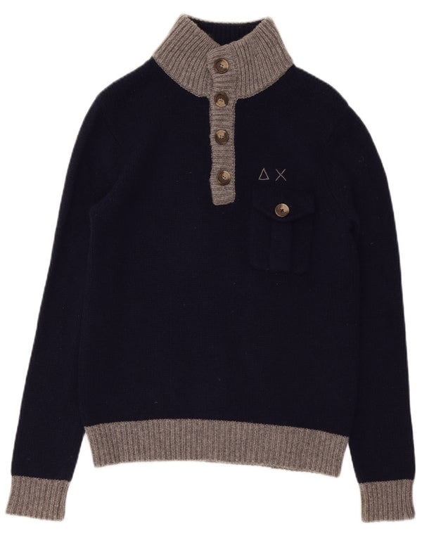 Sun68 Herre Regular Fit Button Neck Jumper Sweater Small Navy Blue Wool