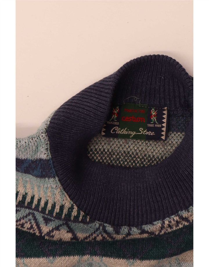 Vintage Herre Turtle Neck Jumper Sweater XL Navy Blue Geometric