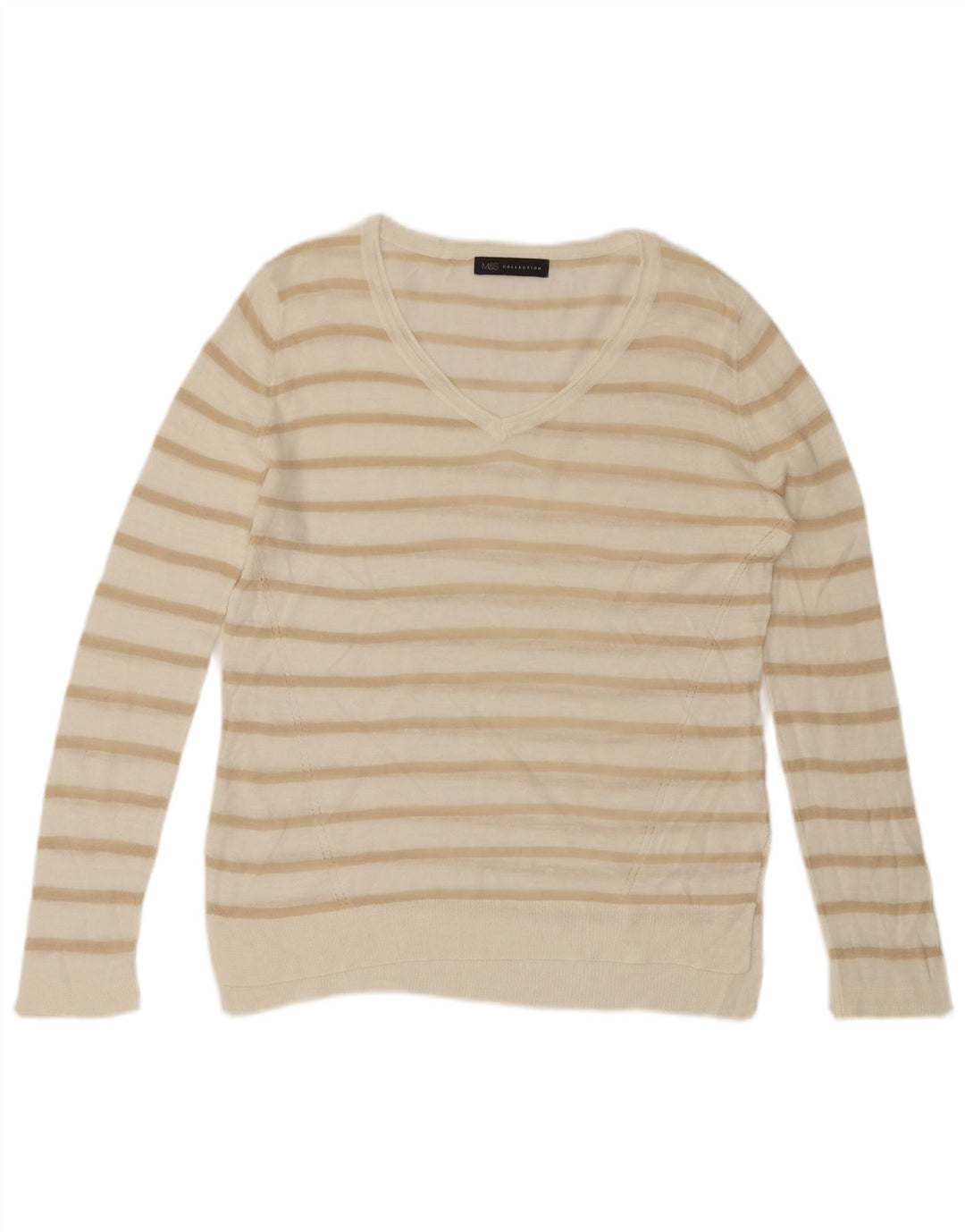 MARKS & SPENCER Dame V-hals sweater UK 16 Stor hvid stribet