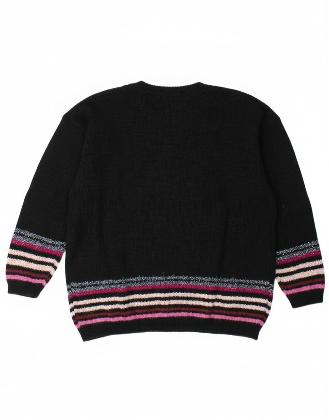 Vintage Kvinders Grafisk Button Neck Jumper Sweater UK 14 Stor Sort Stribet