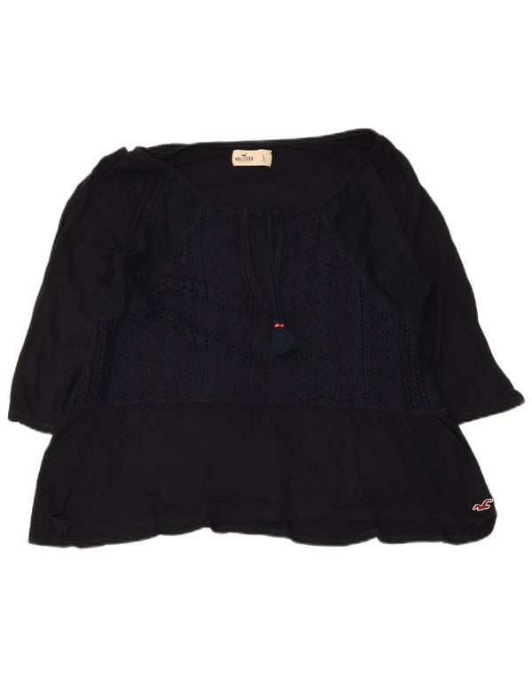 Hollister Womens Crop 3/4-ærmet bluse Top UK 14 Large Navy Blue