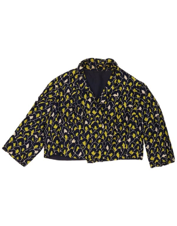 Vintage kvinders 3/4 ærmet Bolero-jakke UK 12 Medium Marineblå Geometrisk