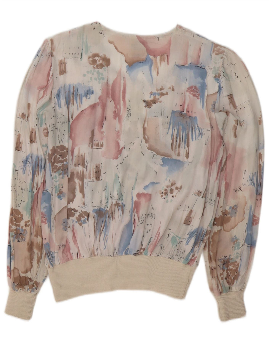 C & A kvinders abstrakt mønster langærmet bluse Top UK 14 Medium White
