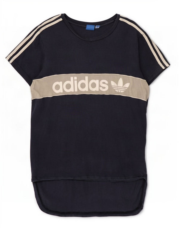 Adidas Dame Grafisk T-Shirt Top UK 12 Medium Navy Blue Colourblock Bomuld
