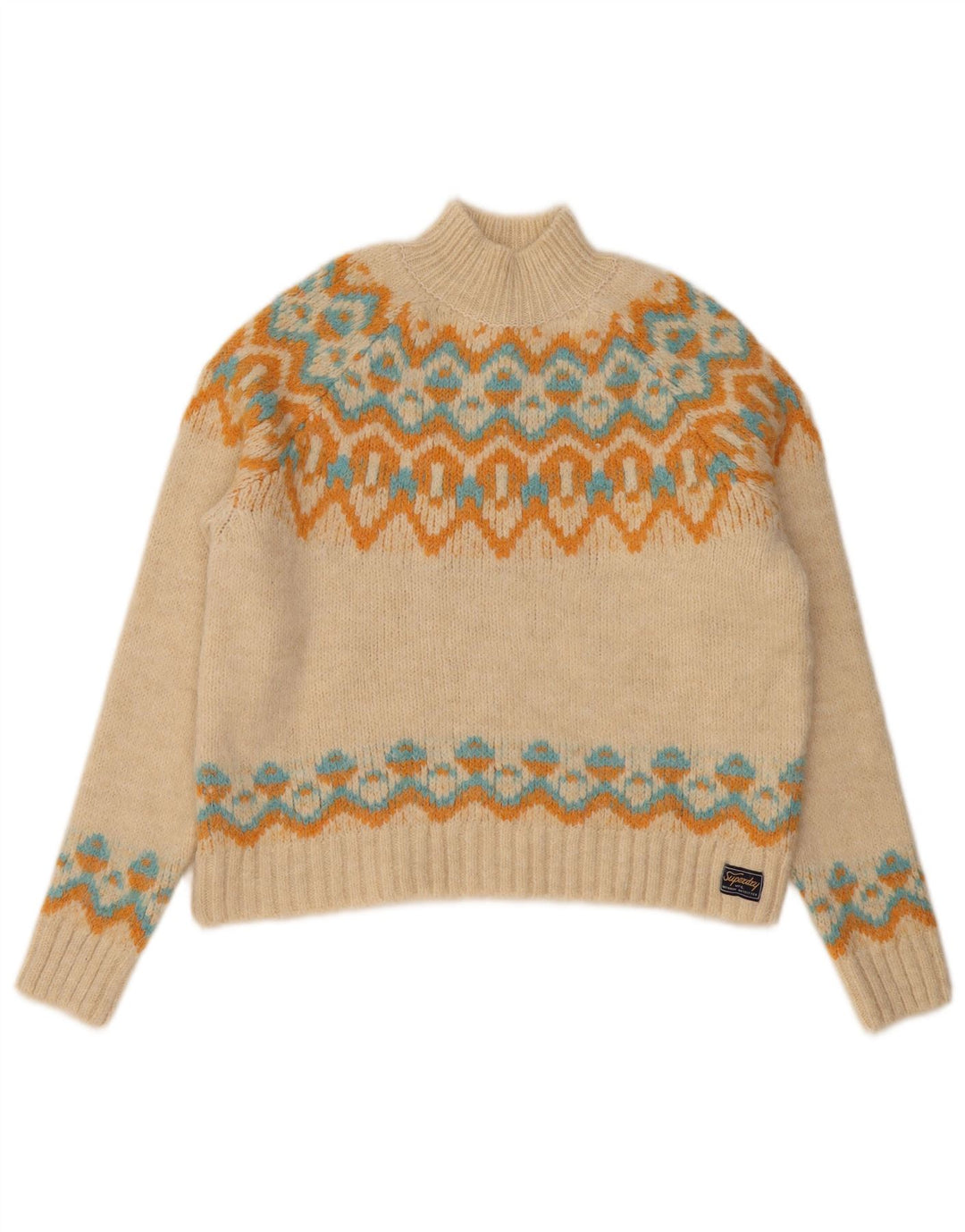 Superdry Dame Turtle Neck Sweater UK 12 Medium Beige Fair Isle