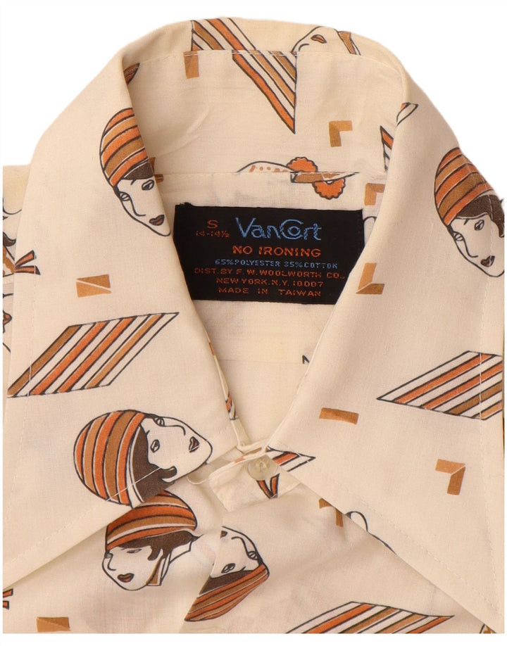 VINTAGE skjorte med abstrakt mønster til mænd Størrelse 14 14 1/2 Lille Off White