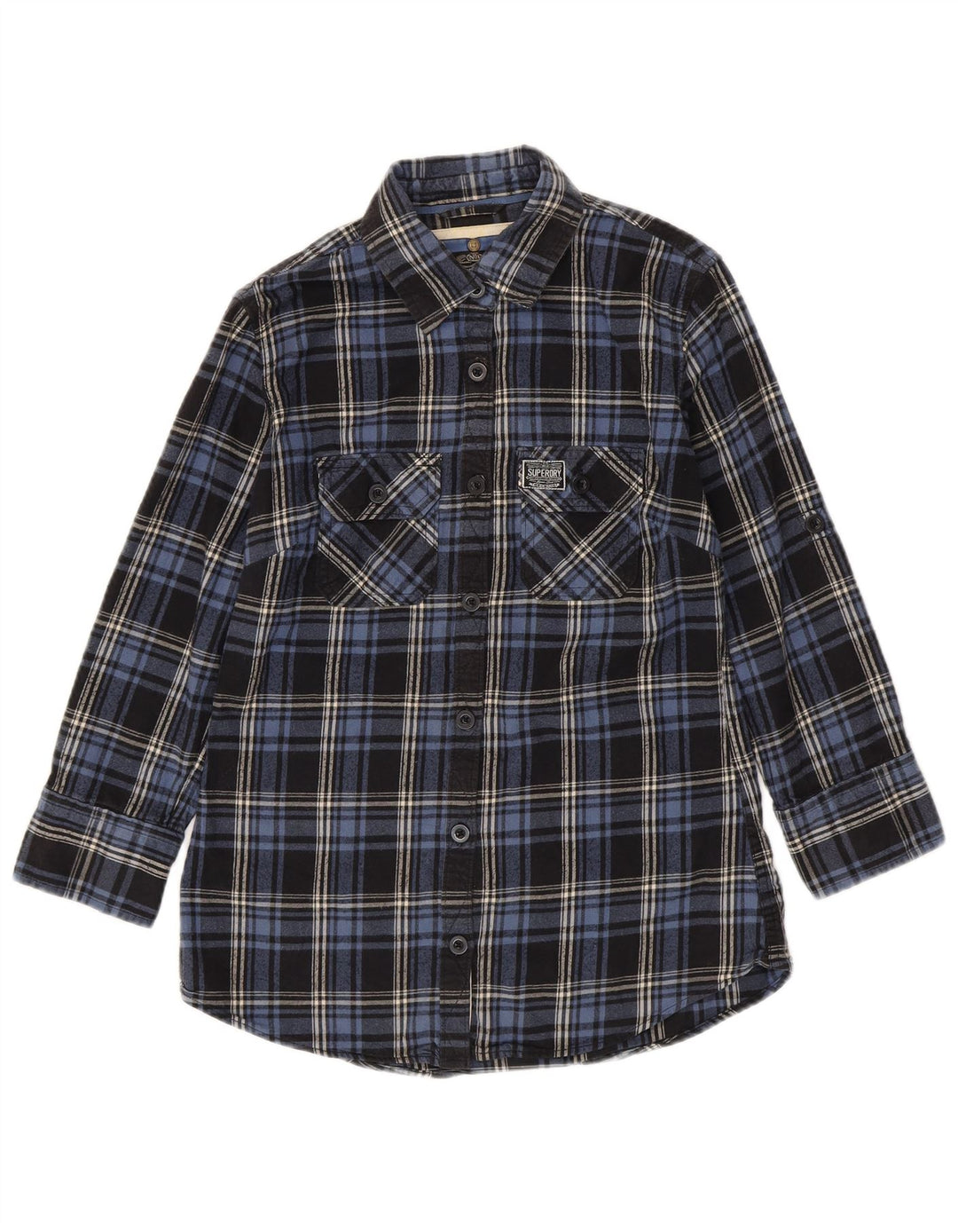 SUPERDRY Dame 3/4-ærmet flannelskjorte UK 14 Medium Navyblå Ternet