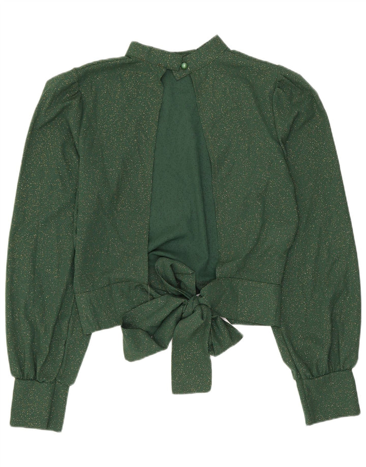 Vintage Womens Crop Shirt Bluse UK 10 Small Green Polyester