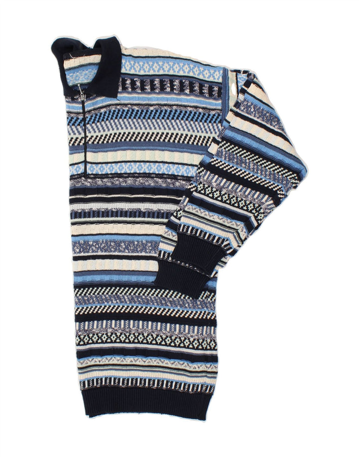 VINTAGE Herre Polo Neck Jumper Sweater Stor Blå Stribet