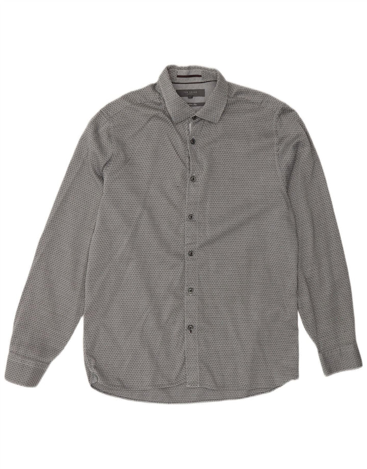 Ted Baker Herre Modern Fit skjorte str. 16 Large Grå Geometrisk