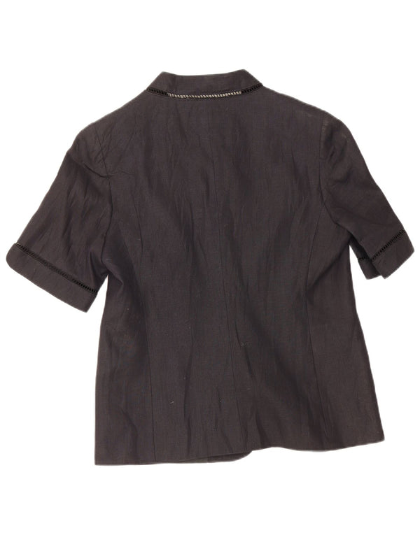 Vintage Kvinders Kortærmet Cardigan Top UK 10 Small Navy Blue Linen