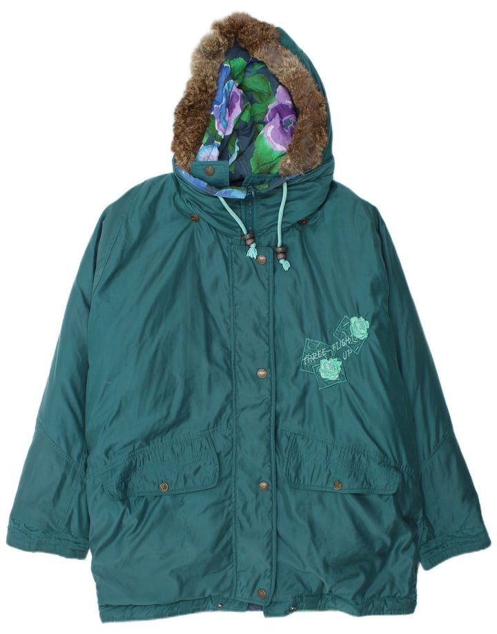 VINTAGE Dame Oversized grafisk vendbar jakke UK 16 Stor turkis