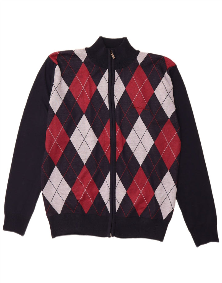 Pierre Cardin Herre Cardigan Sweater Small Navy Blue Argyle/Diamond
