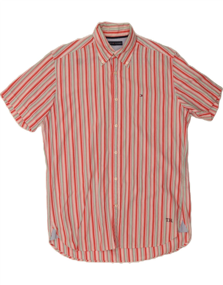 TOMMY HILFIGER Mens Short Sleeve Shirt Medium Red Striped Cotton Vintage Tommy Hilfiger and Second-Hand Tommy Hilfiger from Messina Hembry 