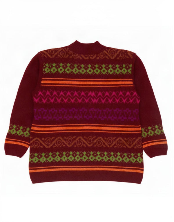 Benetton Dame Turtle Neck Jumper Sweater UK 16 Large Burgundy Fair Isle