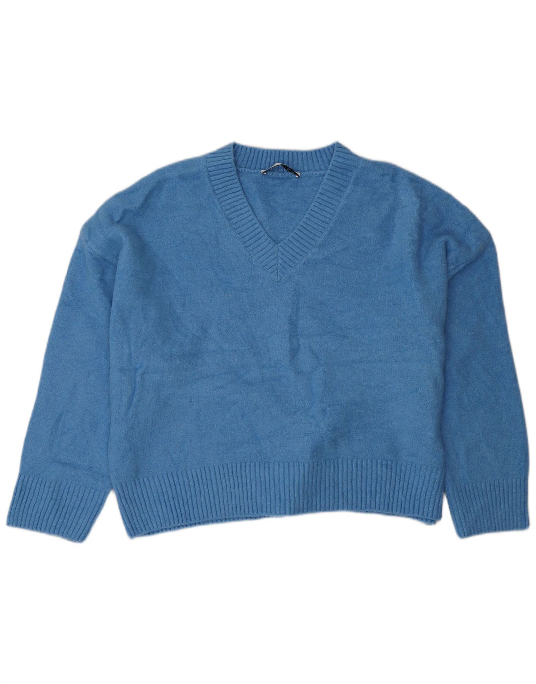 ZARA Dame Oversized V-hals sweater UK 18 XL Blå Akryl