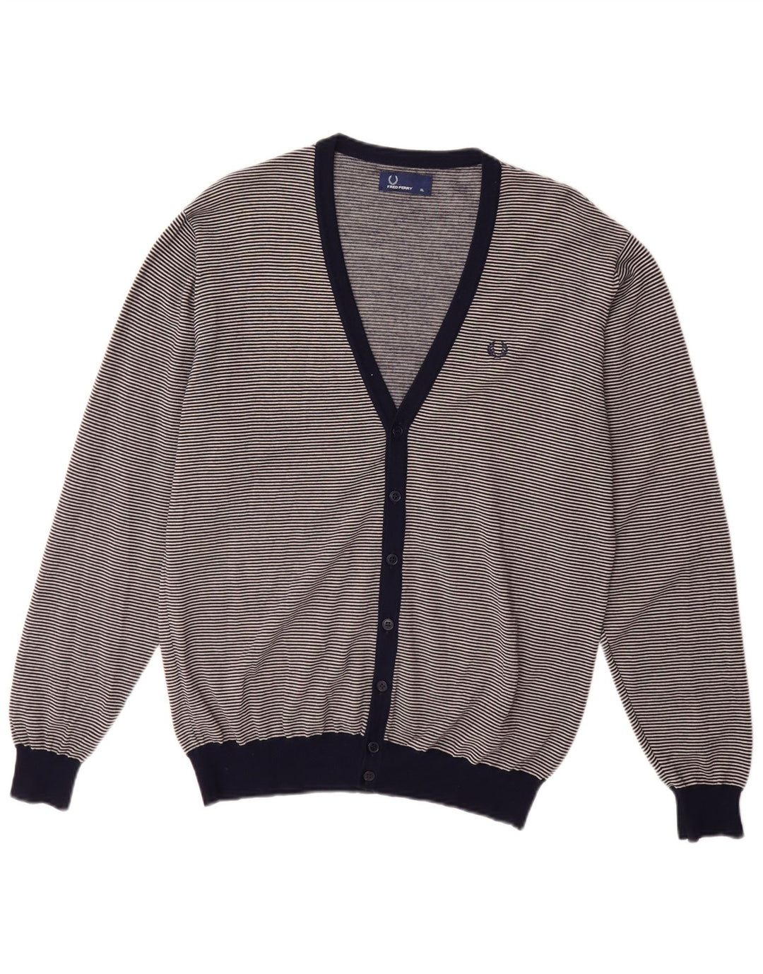 FRED PERRY Herre cardigan sweater XL Marineblå Nålestribet Merinould
