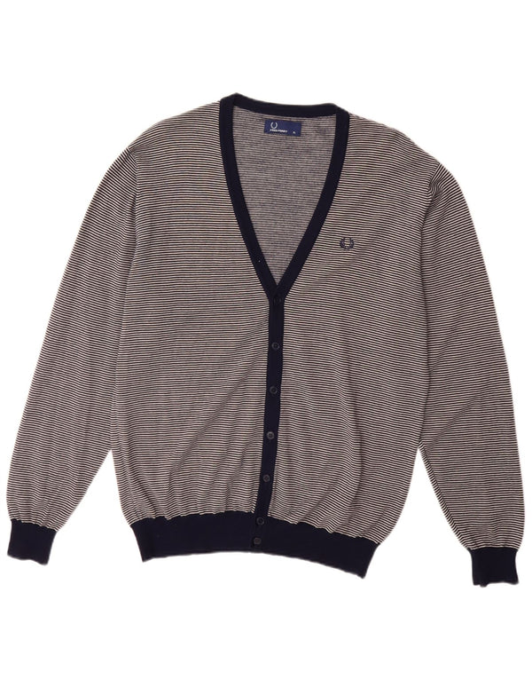 FRED PERRY Herre cardigan sweater XL Marineblå Nålestribet Merinould