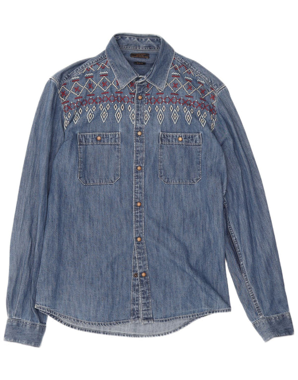 Zara Herre Slim Fit Denimskjorte Stor Blå Geometrisk