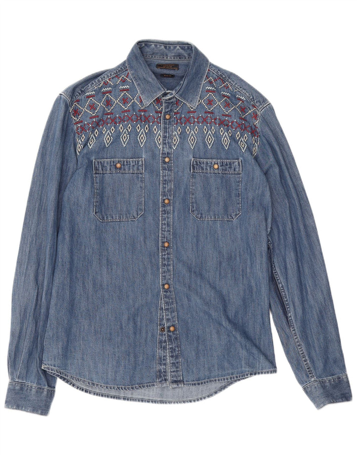 Zara Herre Slim Fit Denimskjorte Stor Blå Geometrisk