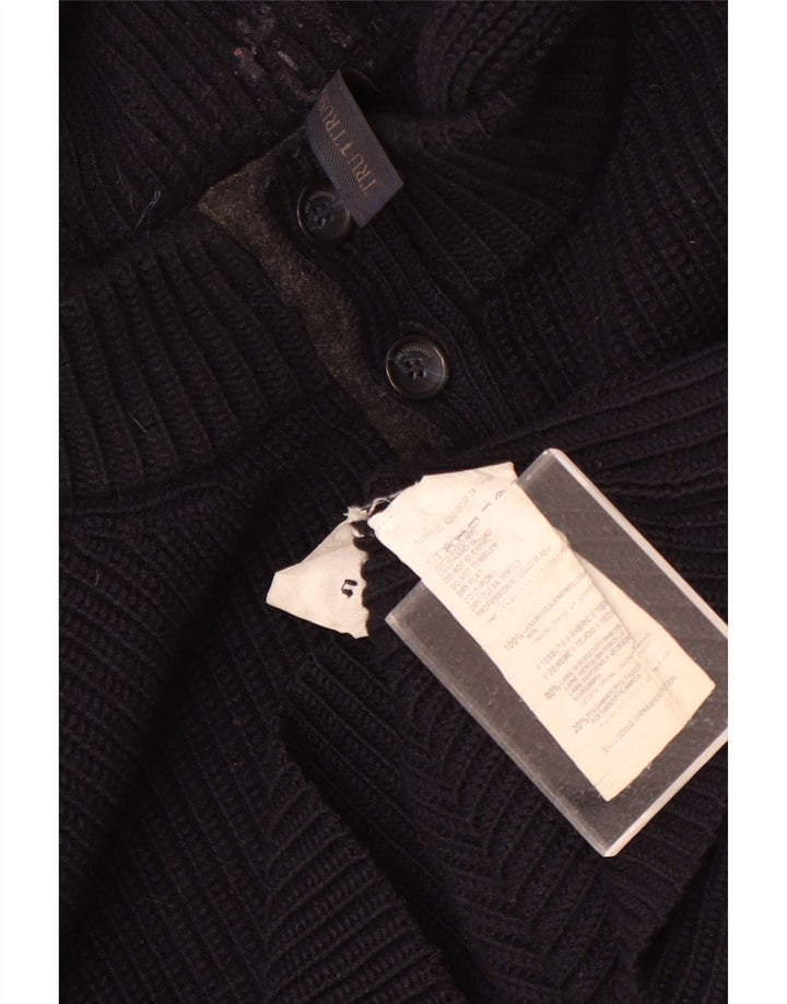 Trussardi Herre Hooded Button Neck Jumper Sweater Medium Navy Blue Uld