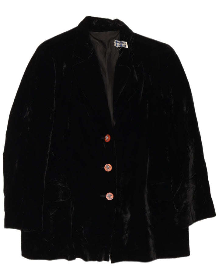 Vintage Dame 3 Button Velvet Blazer Jacket UK 14 Large Black Viscose