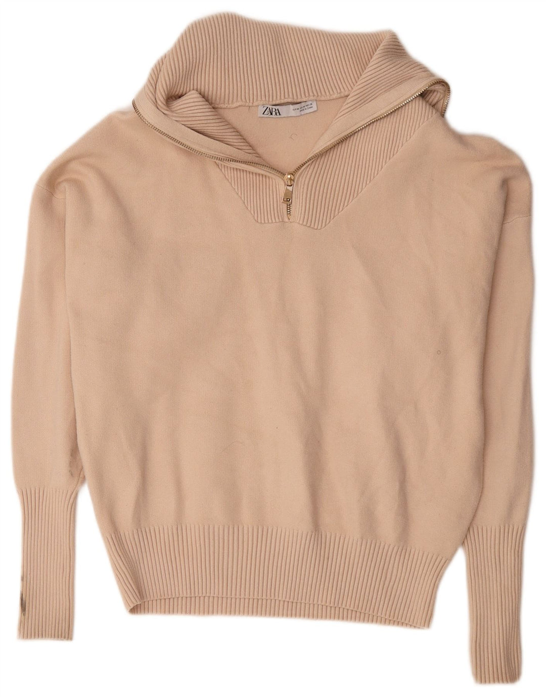Zara Dame Oversized Zip Neck Jumper Sweater UK 14 Medium Beige Viscose
