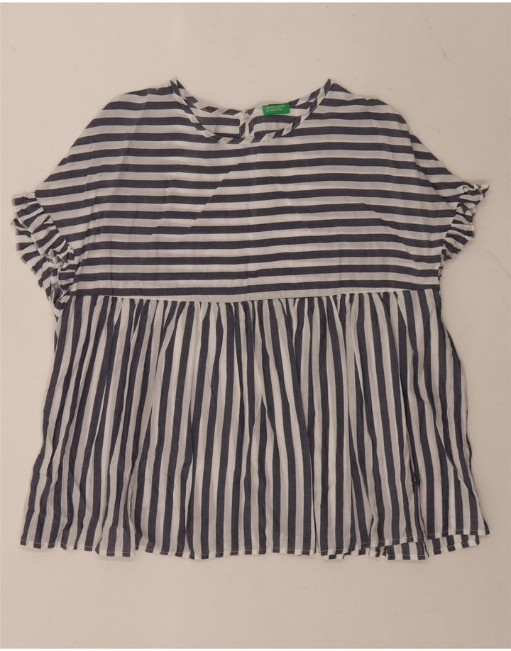 Benetton Dame Oversized Bluse Top UK 16 Stor Blå Stribet Lyocell
