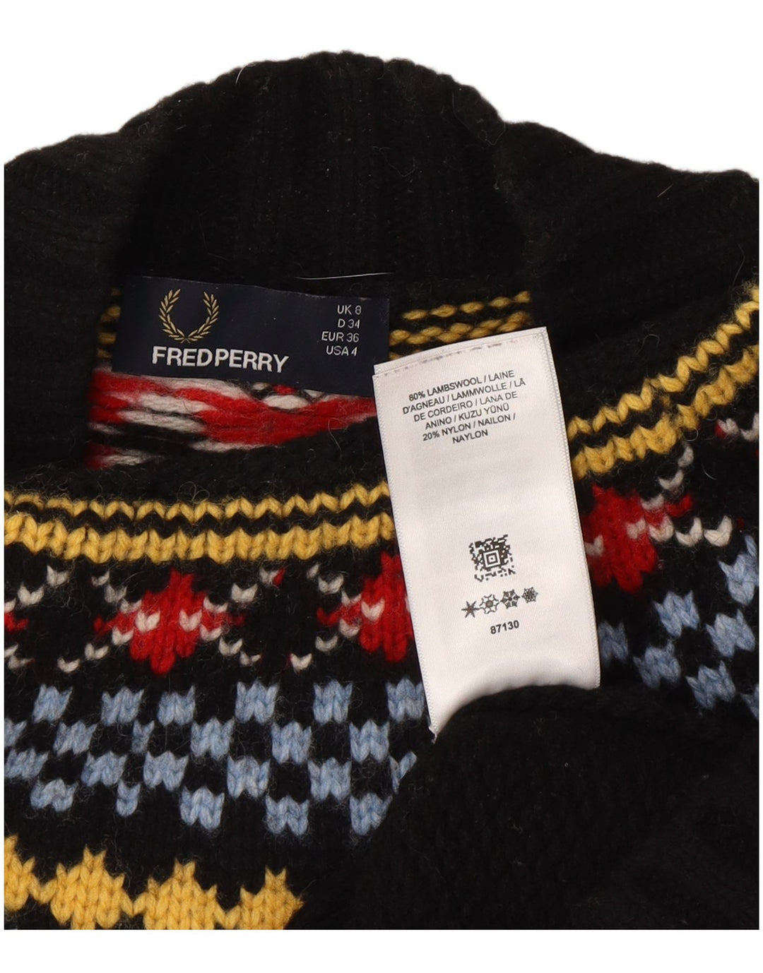 Fred Perry Dame Turtle Neck Jumper Sweater UK 8 Small Black Fair Isle