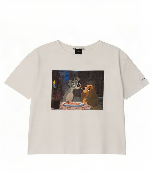 Zara Dame Disney Grafisk T-Shirt Top UK 14 Medium Hvid Bomuld