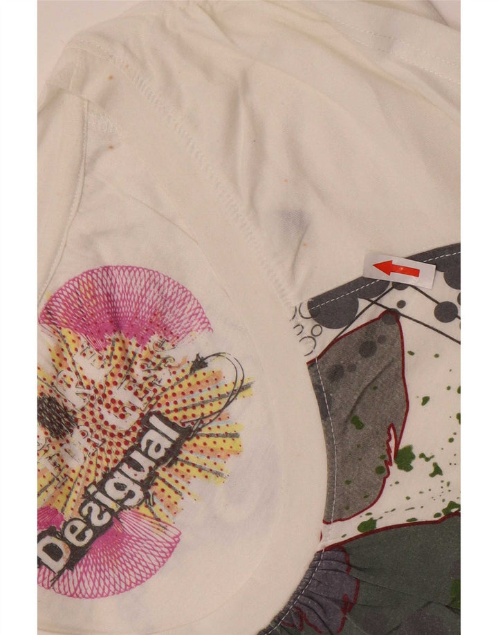 Desigual Dame Grafisk T-Shirt Top UK 12 Medium White Polyester