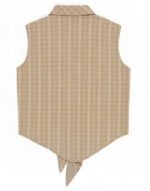 Calbros Womens Crop Front Tie Ærmeløs skjorte Bluse IT 48 XL Grå ternet