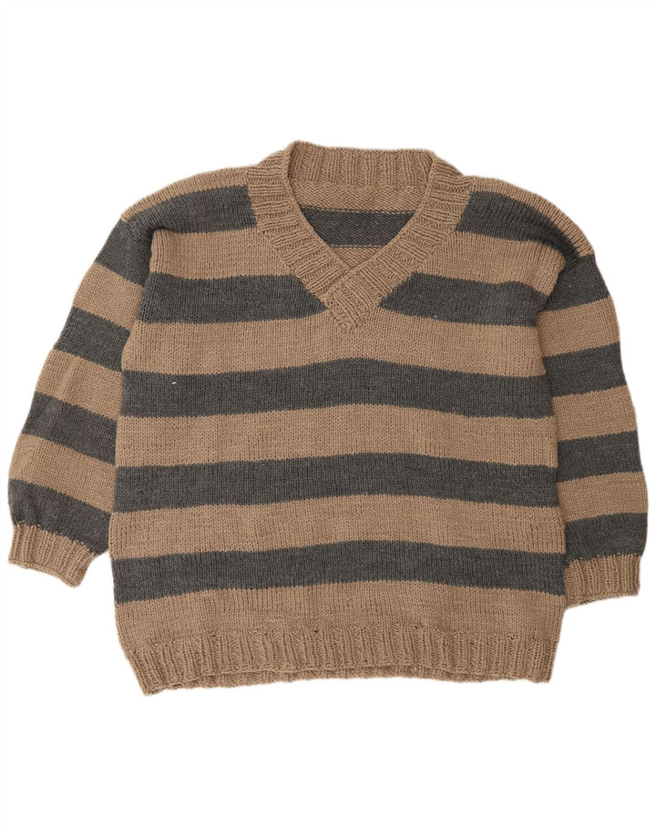 VINTAGE Herre V-hals sweater XL Beige stribet