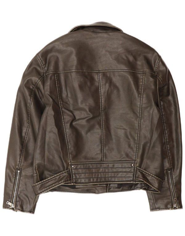 Zara Læder Oversized Biker Jacket UK 10 Small Brown Polyester
