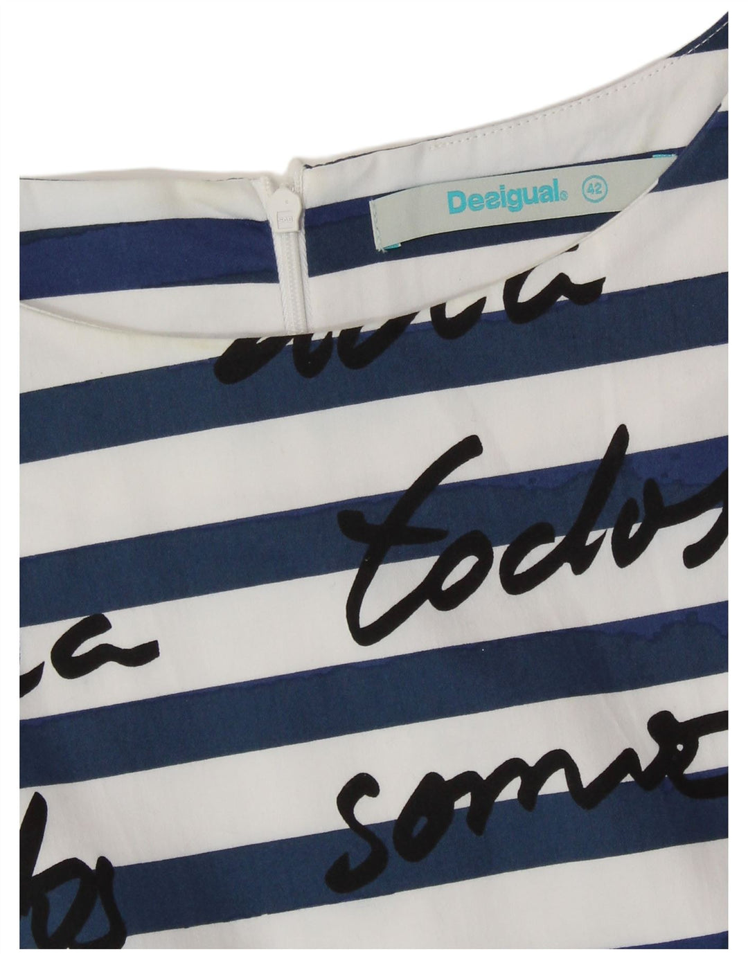 DESIGUAL Womens Graphic Sheath Dress EU 42 Large Navy Blue Striped