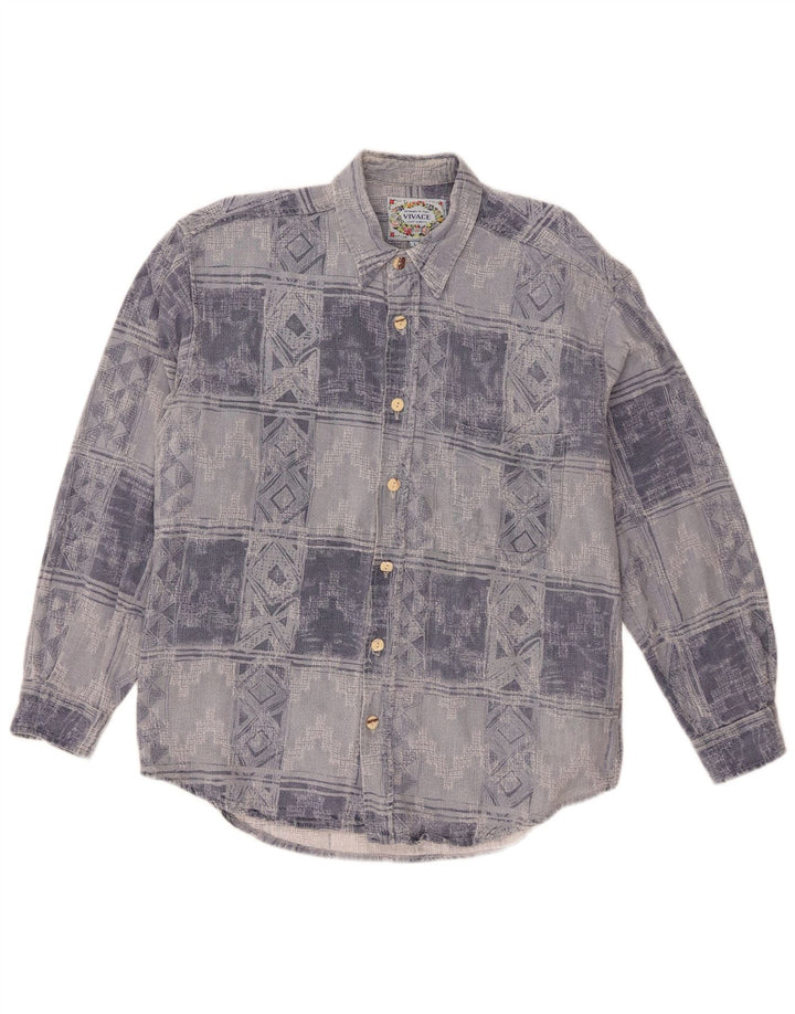 Vintage flannelskjorte til mænd, stor blå geometrisk bomuld