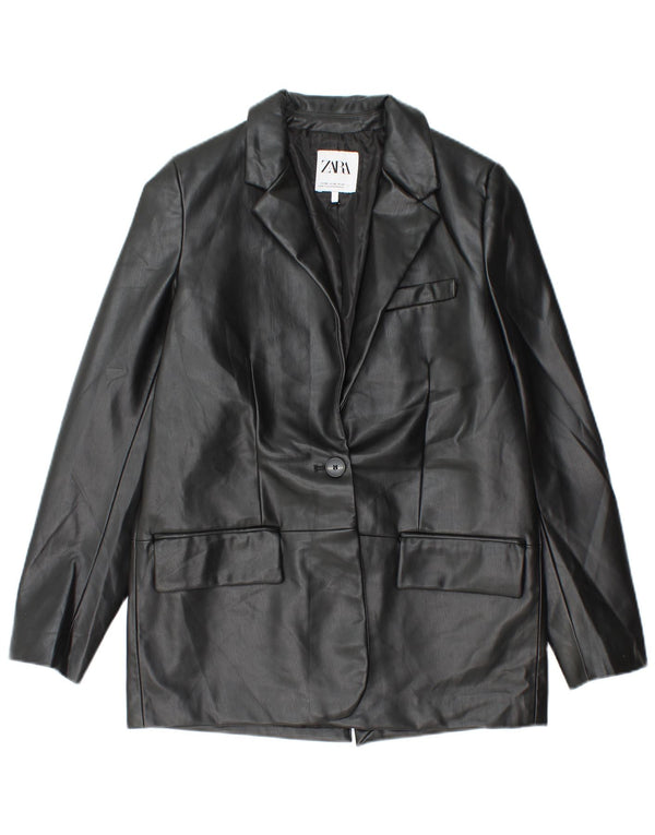 Zara Dame 1 knap imiteret læder blazerjakke UK 6 XS sort polyethylen