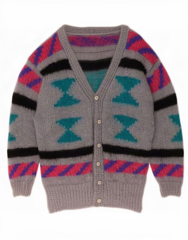 Vintage Dame Cardigan Sweater UK 10 Lille Grå Geometrisk