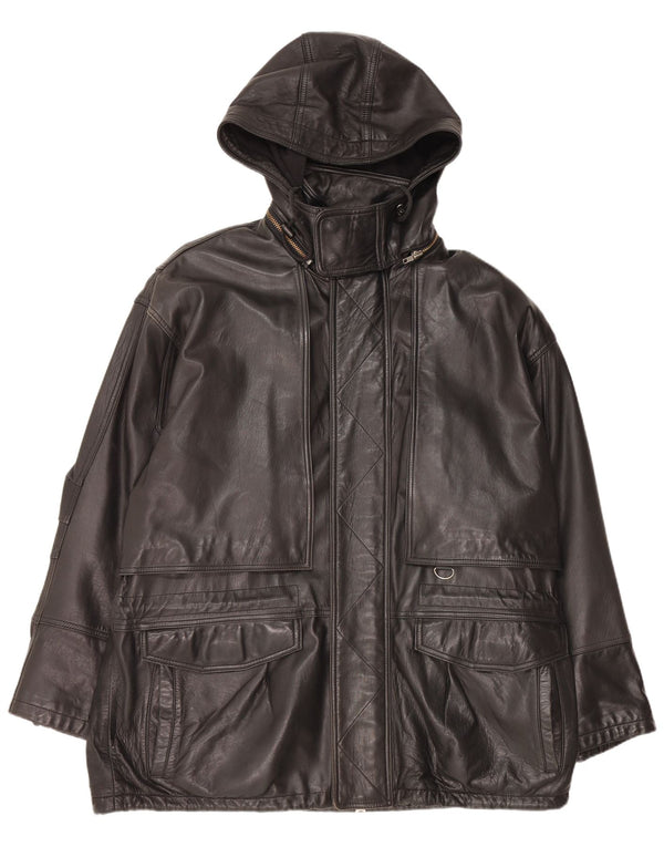 Andrew Marc Herre Hooded Læder Coat UK 42 XL Sort Læder
