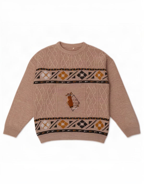 Vintage herre grafisk rund hals sweater XL grå geometrisk uld