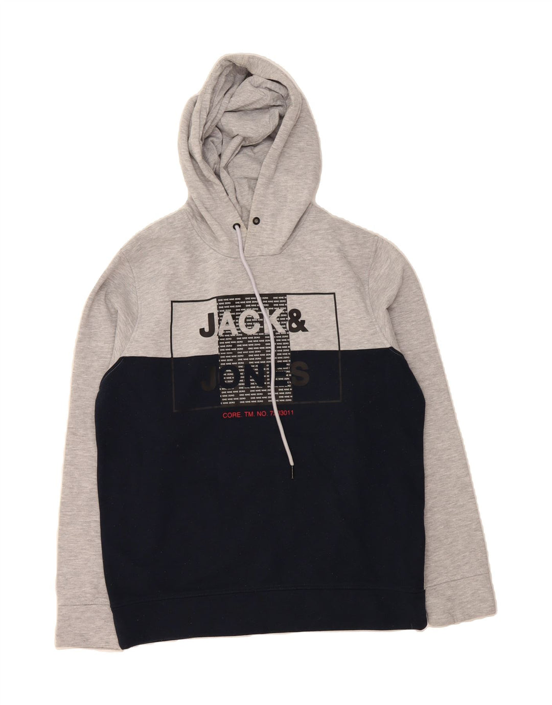 JACK & JONES Mens Graphic Hoodie Jumper Medium Navy Blue Colourblock Vintage Jack & Jones and Second-Hand Jack & Jones from Messina Hembry 