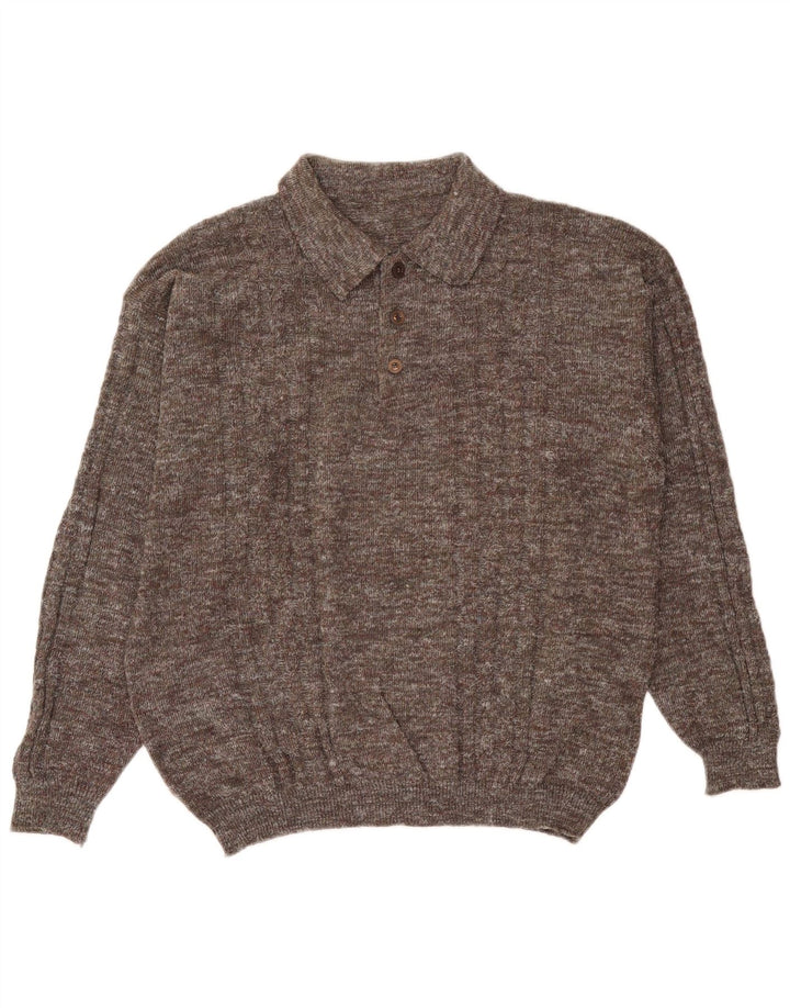 Vintage Herre Polo Neck Jumper Sweater Large Grå Flecked