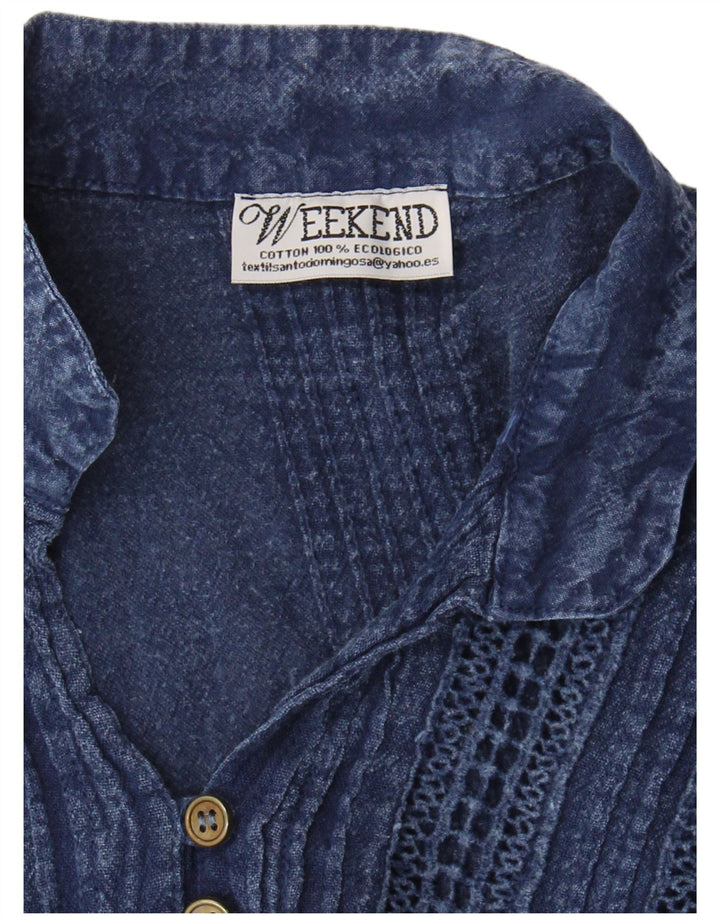 Vintage Dame bluse Top UK 10 Small Navy Blue Bomuld