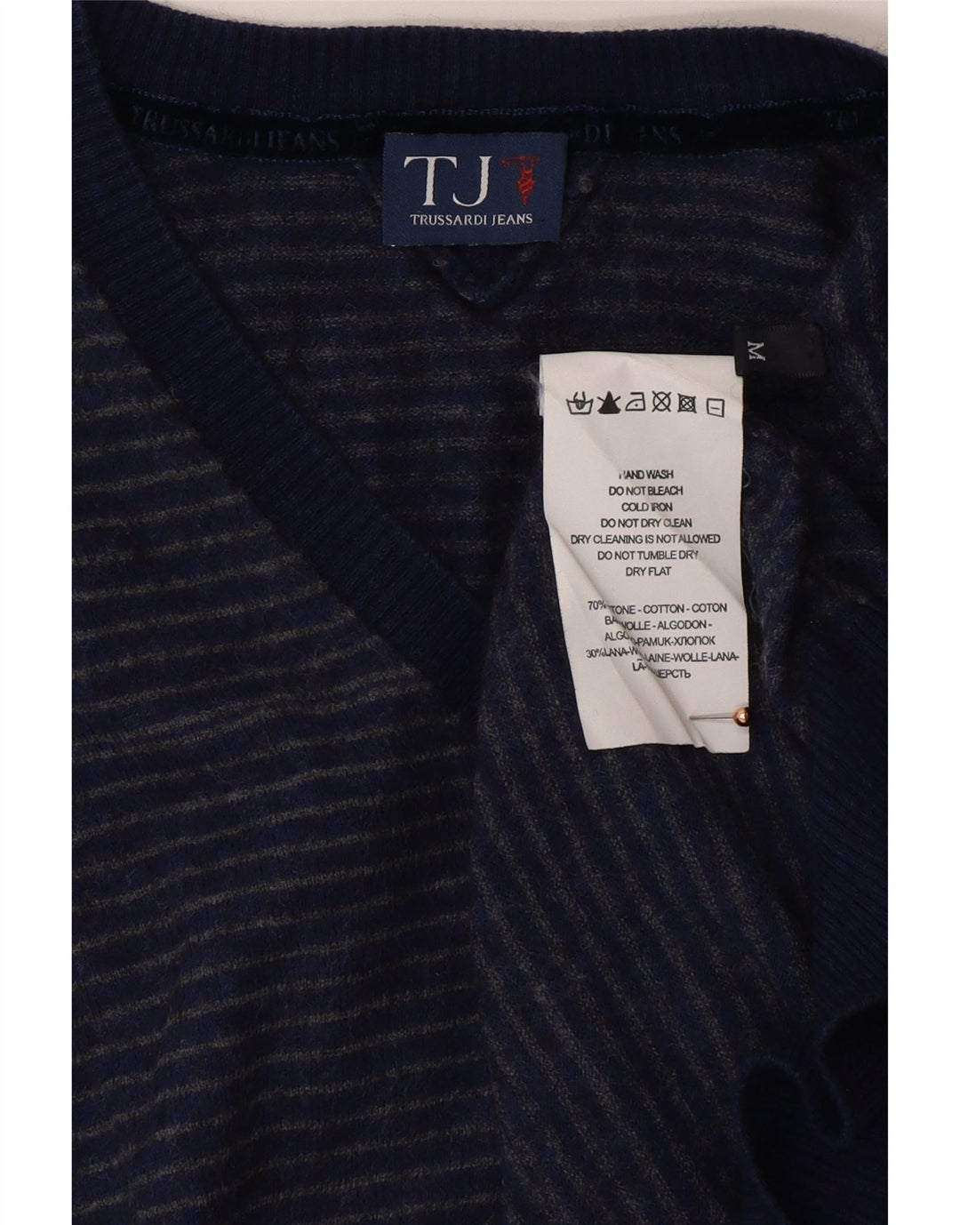 TRUSSARDI JEANS Herre V-hals sweater Medium blå stribet bomuld
